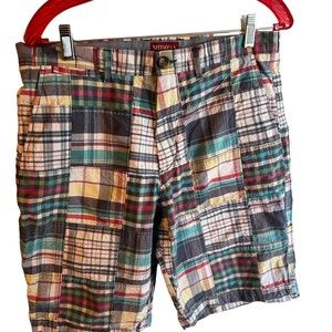 Women Blue Patchwork Madras Shorts 34 Cotton Pockets Zipup Button